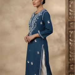 Blue Embroidery Chikankari Rayon Long Kurti