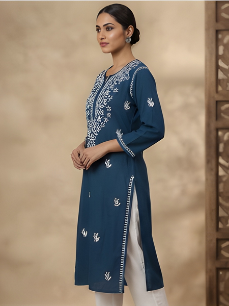 Blue Embroidery Chikankari Rayon Long Kurti