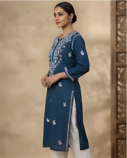 Blue Embroidery Chikankari Rayon Long Kurti