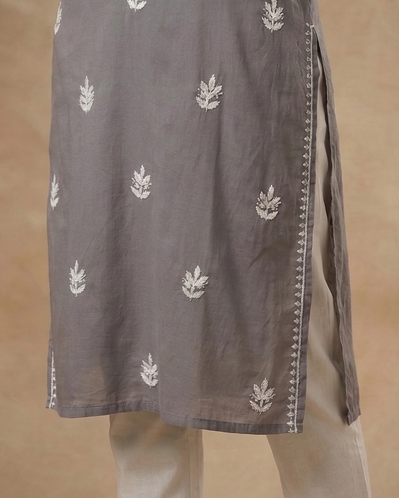 Grey Embroidery Chikanakri Rayon Long Kurti