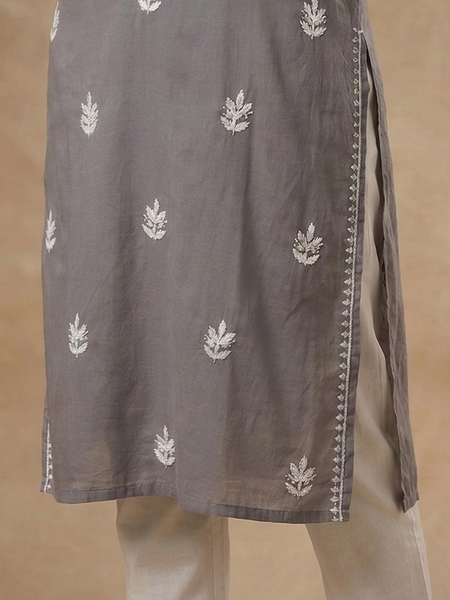Grey Embroidery Chikanakri Rayon Long Kurti