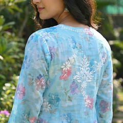 Blue Chikankari Mulmul Pocket Kurti