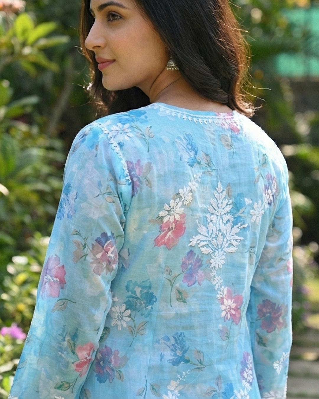 Blue Chikankari Mulmul Pocket Kurti