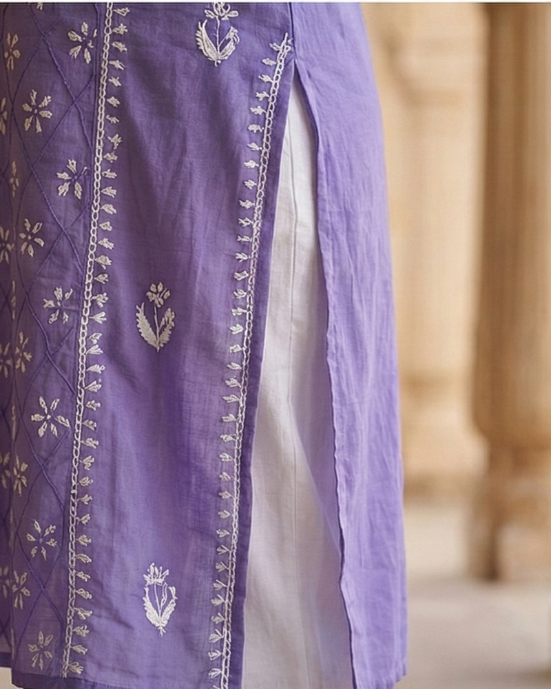 Purple Readymade Cotton Kurta With Jaal