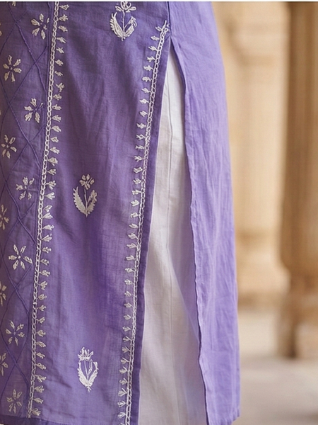Purple Readymade Cotton Kurta With Jaal