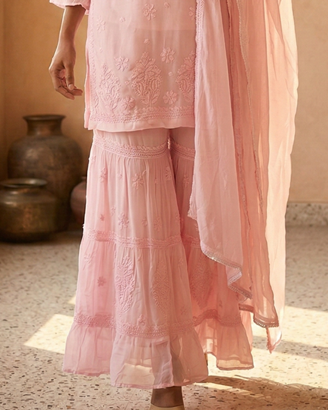Readymade Viscose Georgette Pink Garara Set