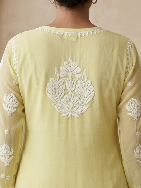 Yellow Readymade Viscose Georgette Chikankari Readymade Kurta