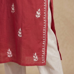 Red Embroidery Chikankari Rayon Long Kurti
