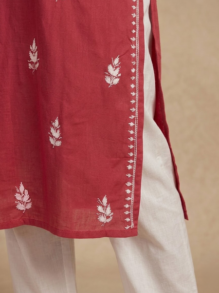Red Embroidery Chikankari Rayon Long Kurti