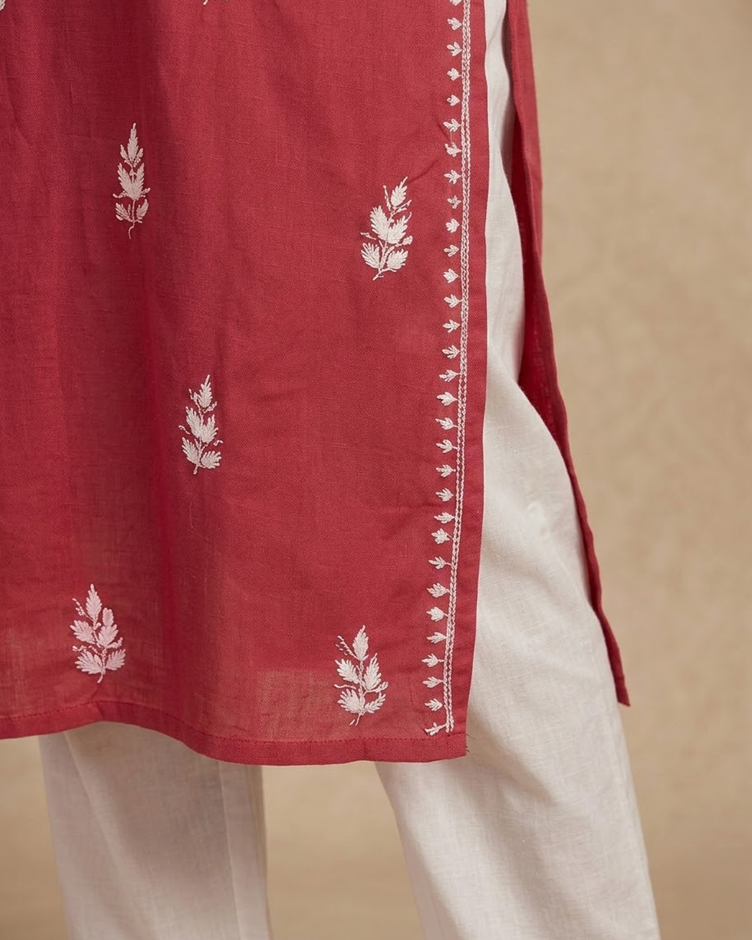 Red Embroidery Chikankari Rayon Long Kurti