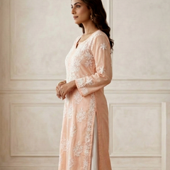 Orange Readymade Cotton Chikankari Kurta