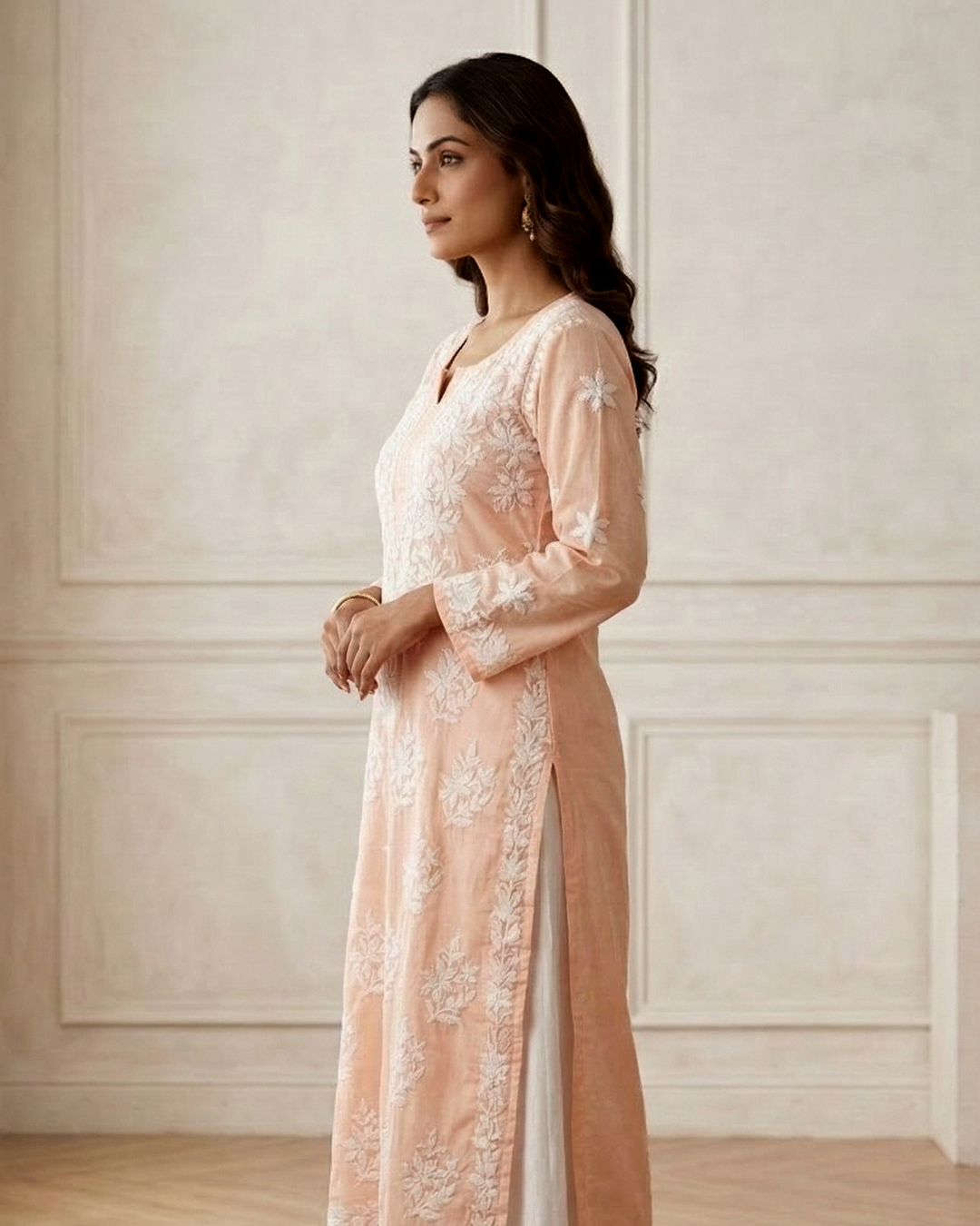 Orange Readymade Cotton Chikankari Kurta