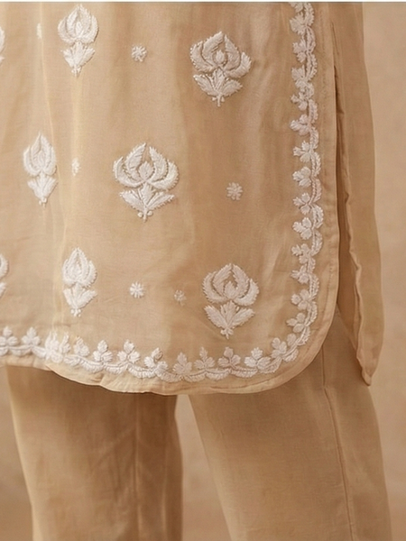 Beige Viscose Georgette Chikankari Readymade Kurta
