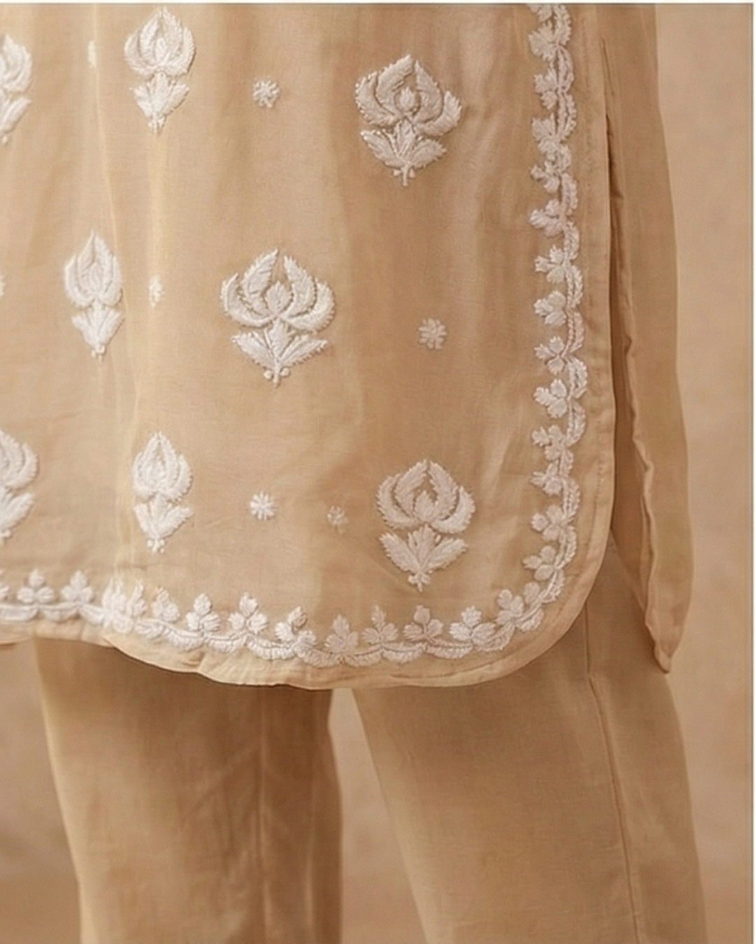 Beige Viscose Georgette Chikankari Readymade Kurta