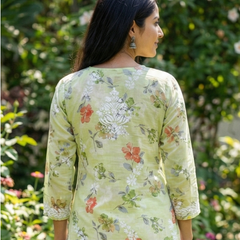 Green Chikankari Mulmul Pocket Kurti