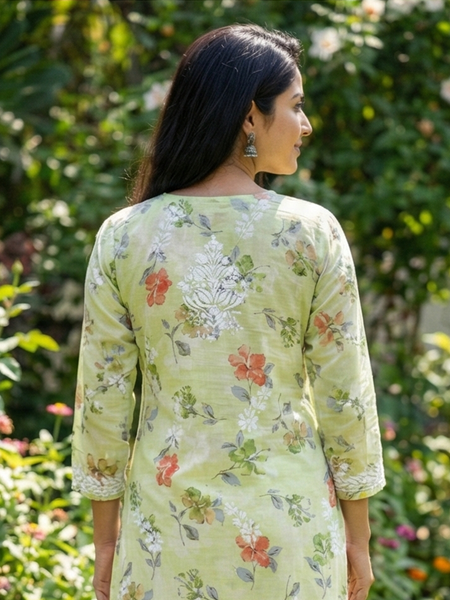 Green Chikankari Mulmul Pocket Kurti