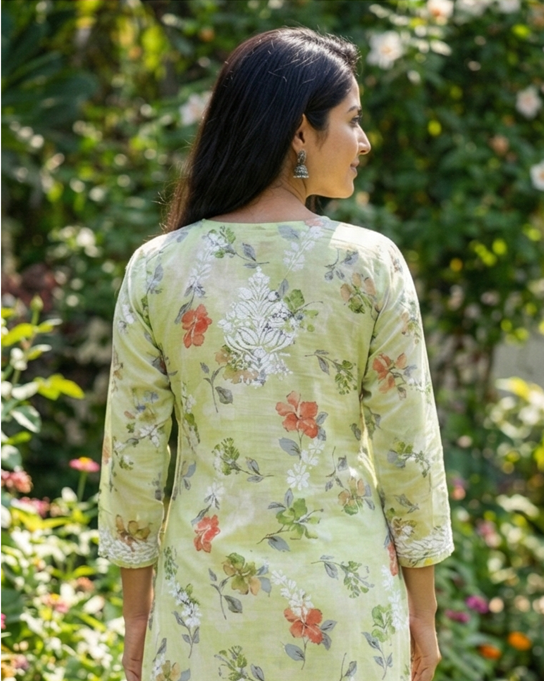 Green Chikankari Mulmul Pocket Kurti