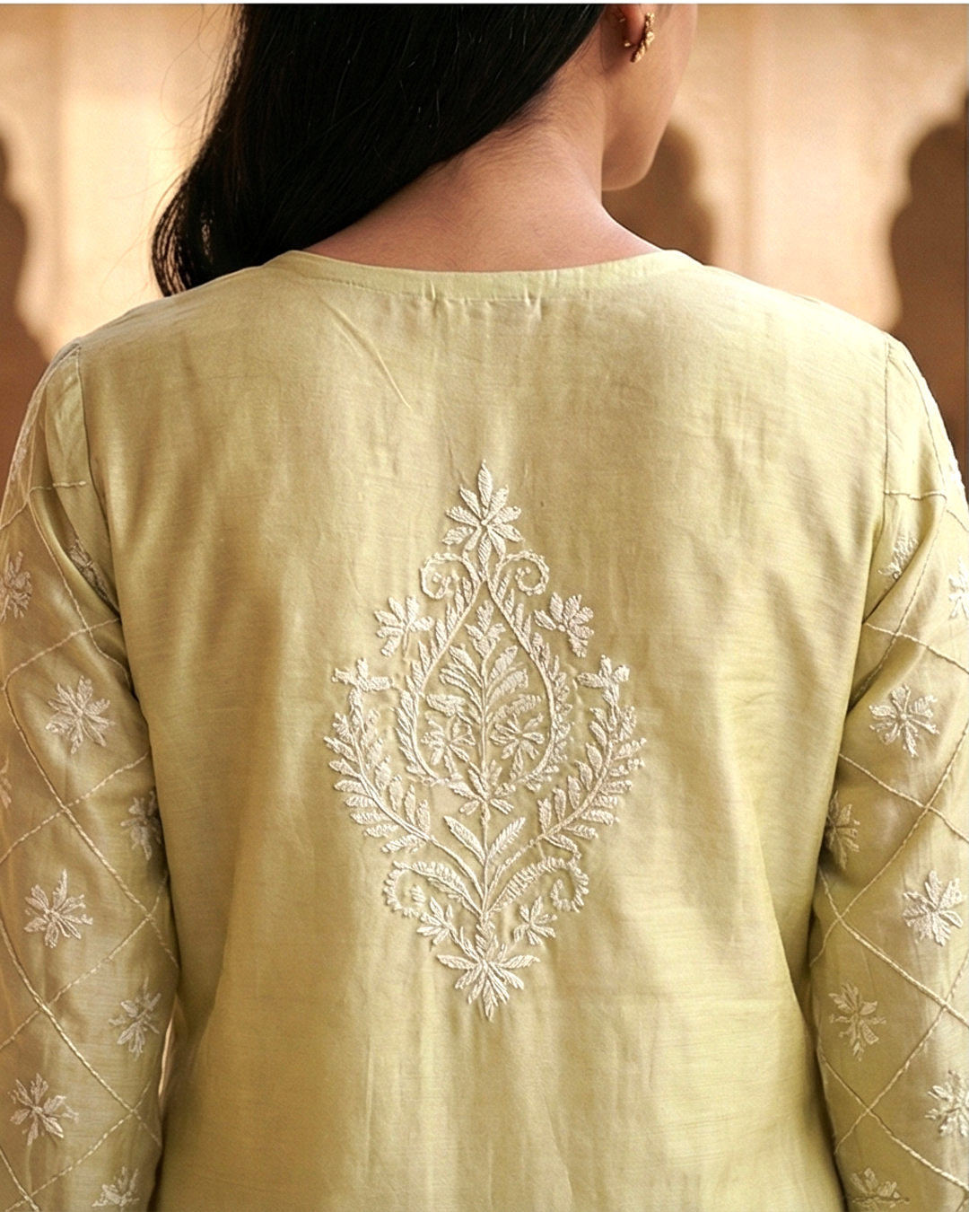 Golden Cotton Chanderi Chikankari Kurta