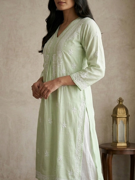 Pista Chanderi Chikankari Aline Kurta
