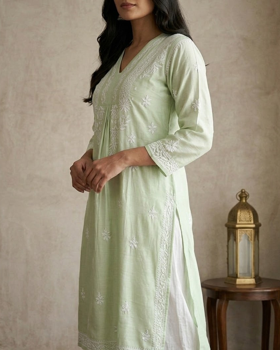 Pista Chanderi Chikankari Aline Kurta