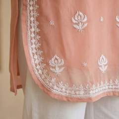 Peach Viscose Georgette Chikankari Readymade Kurta