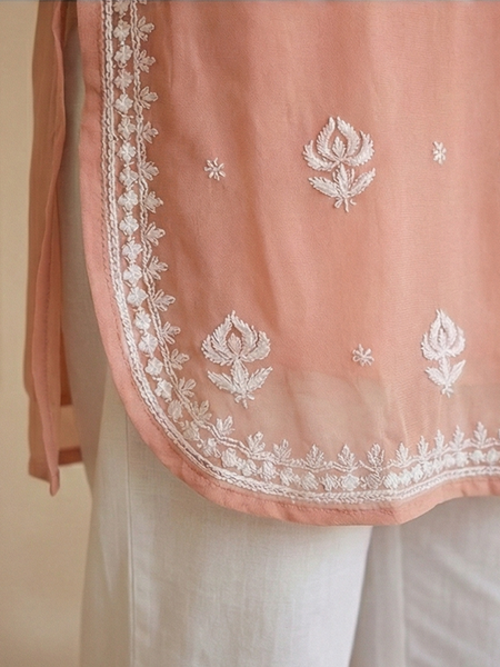 Peach Viscose Georgette Chikankari Readymade Kurta