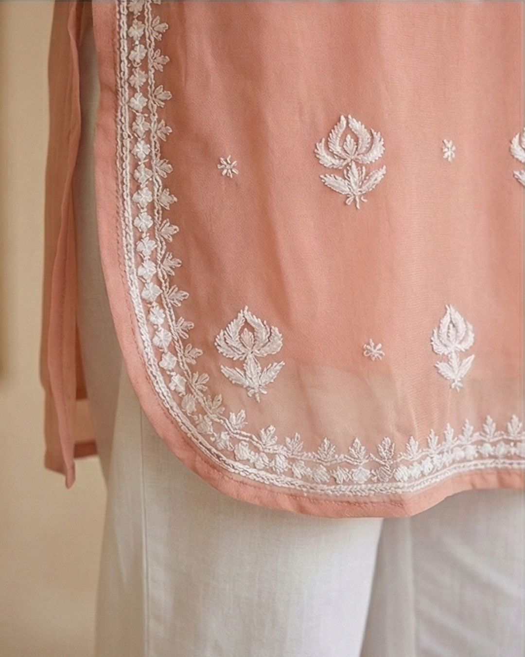 Peach Viscose Georgette Chikankari Readymade Kurta
