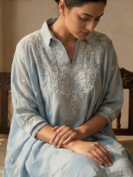 Light Blue Mulchanderi Kaftan