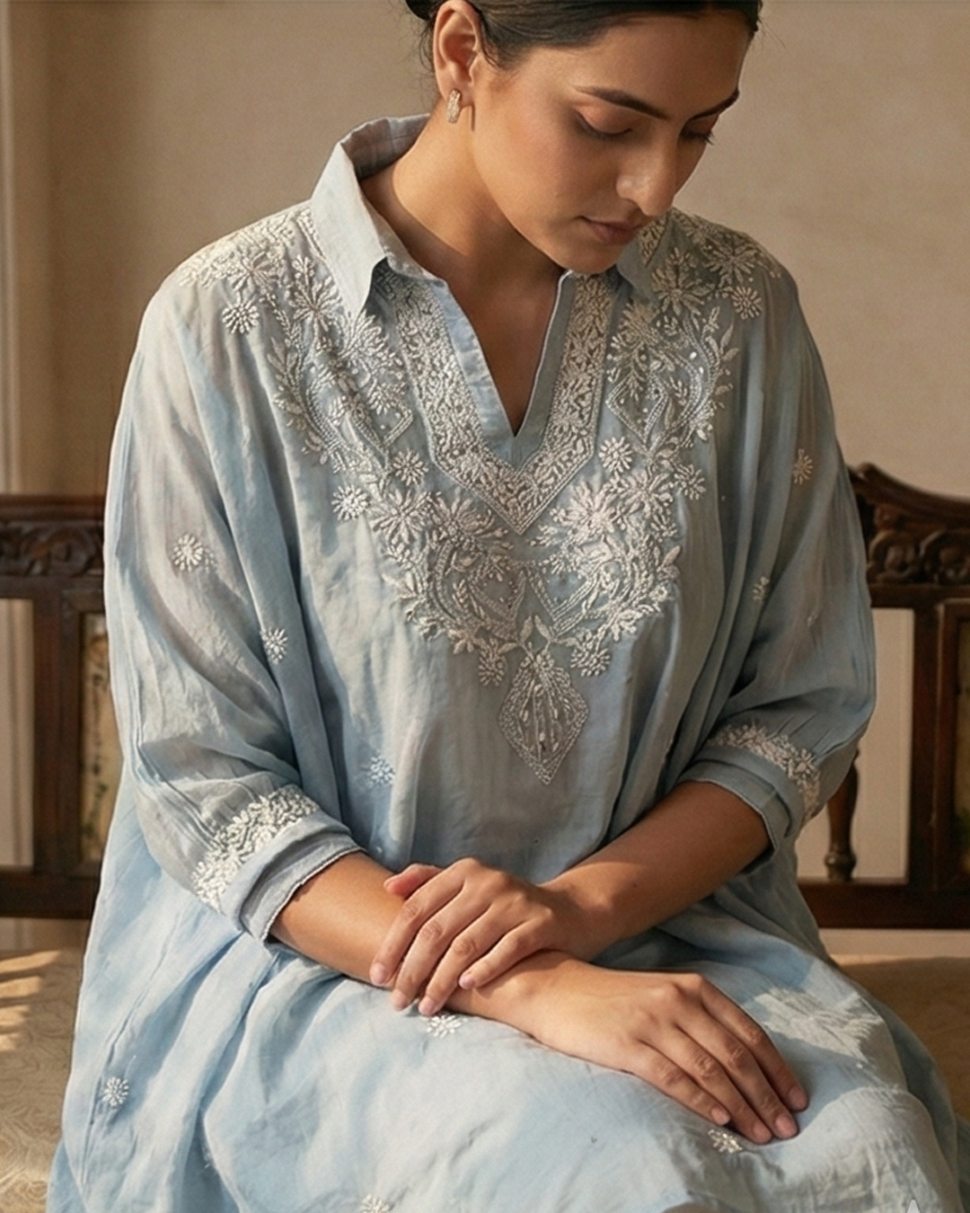 Light Blue Mulchanderi Kaftan