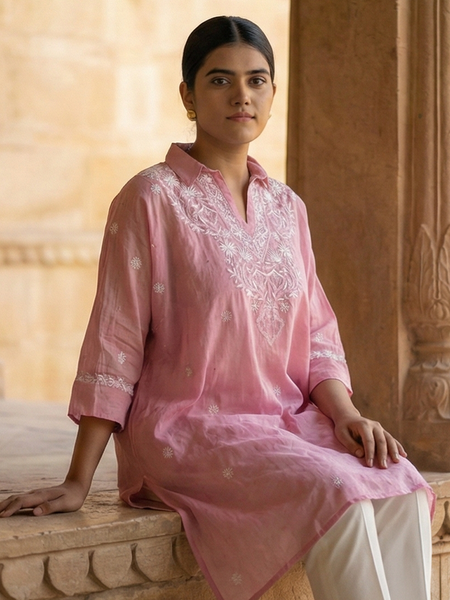 Light Pink Mulchanderi Kaftan