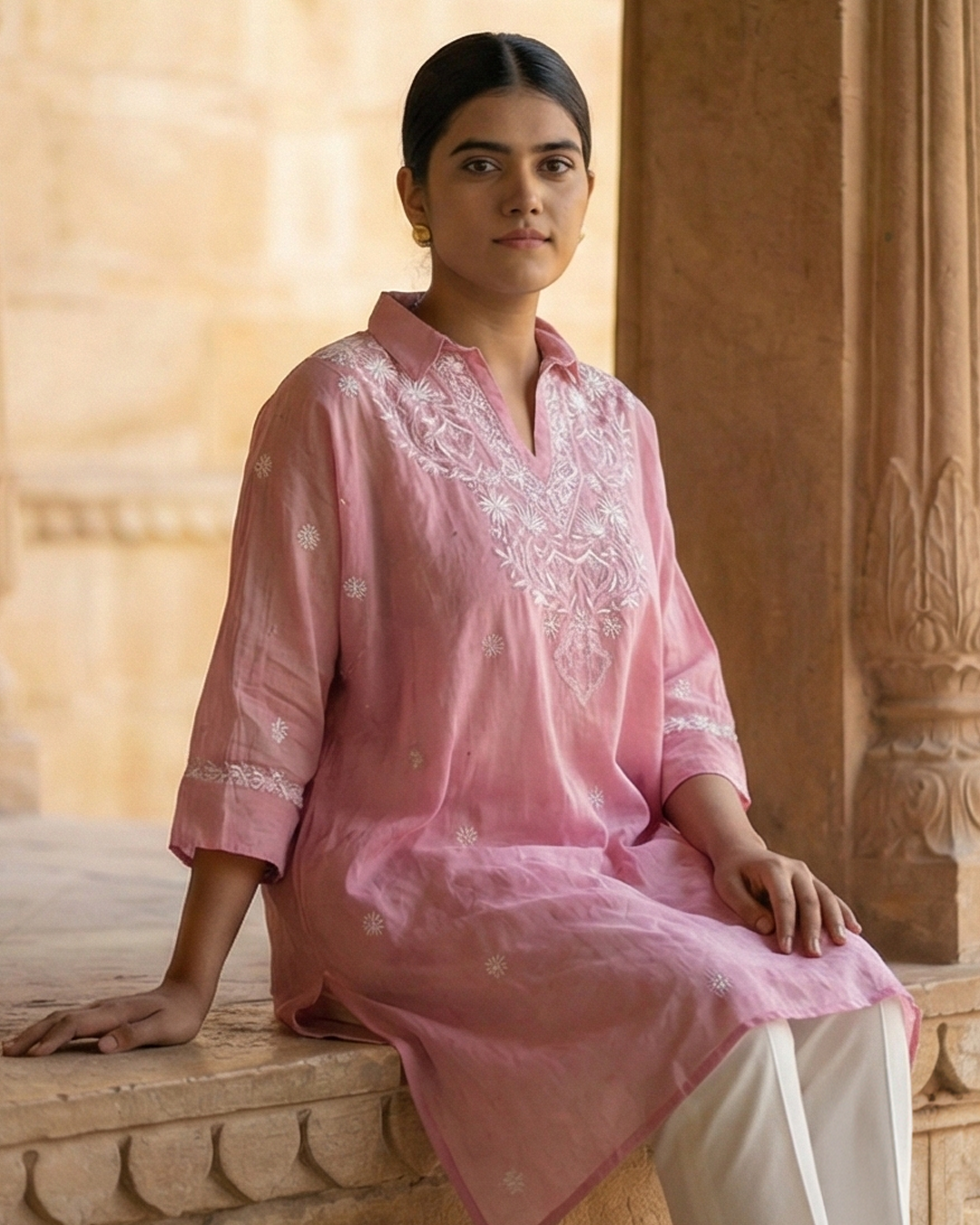 Light Pink Mulchanderi Kaftan