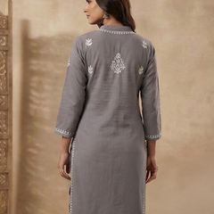Grey Embroidery Chikanakri Rayon Long Kurti