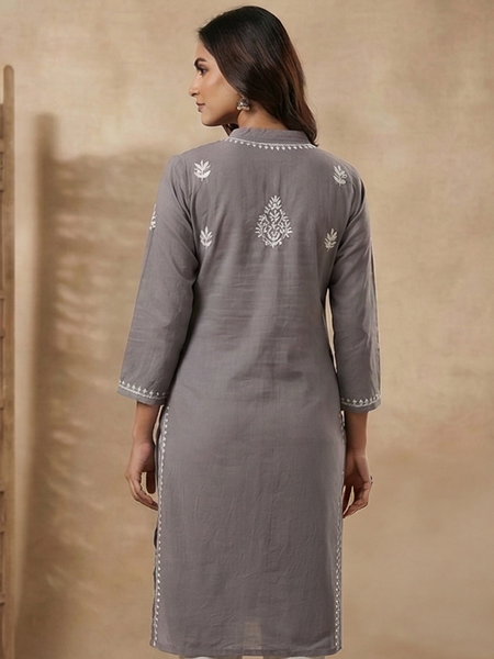 Grey Embroidery Chikanakri Rayon Long Kurti