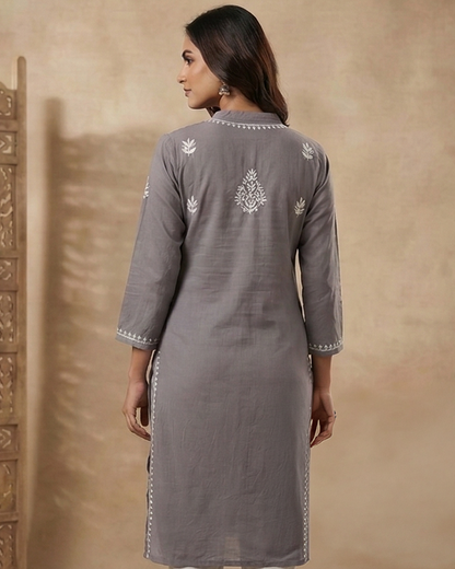 Grey Embroidery Chikanakri Rayon Long Kurti