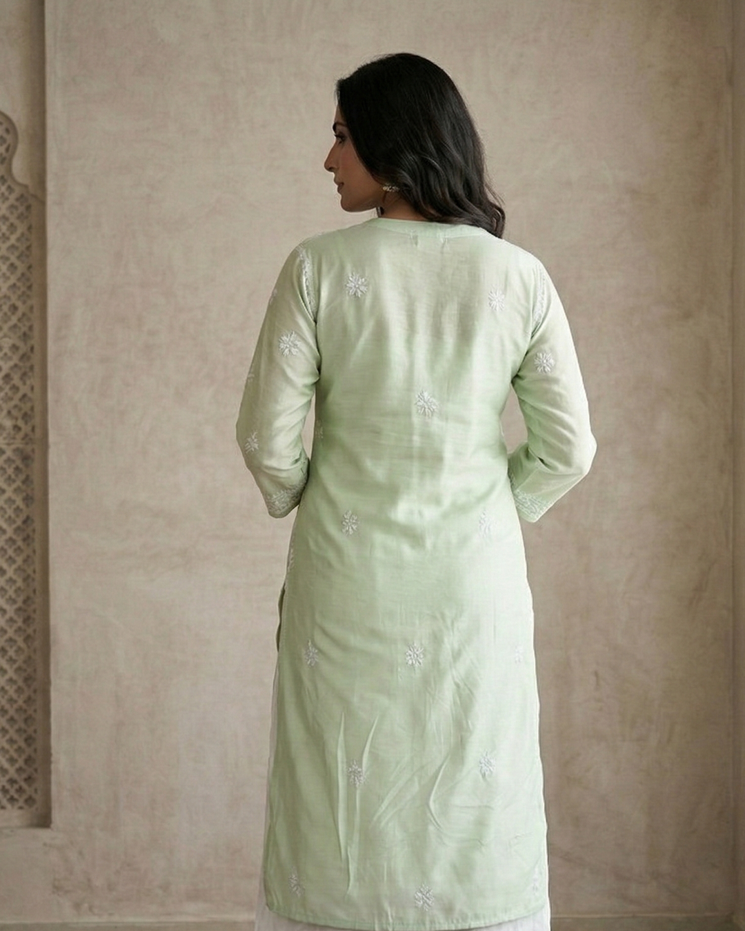 Pista Chanderi Chikankari Aline Kurta