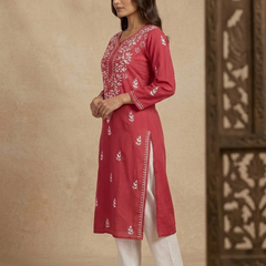 Red Embroidery Chikankari Rayon Long Kurti