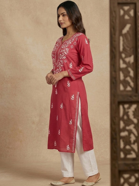Red Embroidery Chikankari Rayon Long Kurti