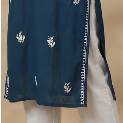 Blue Embroidery Chikankari Rayon Long Kurti