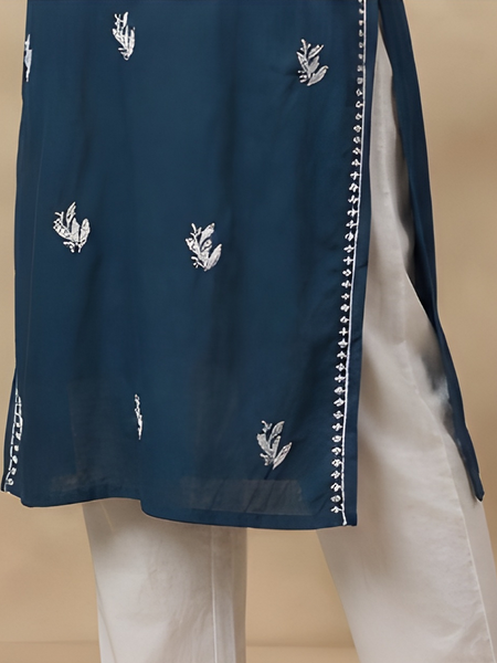 Blue Embroidery Chikankari Rayon Long Kurti