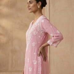 Pink Viscose Georgette Chikankari Readymade Kurta