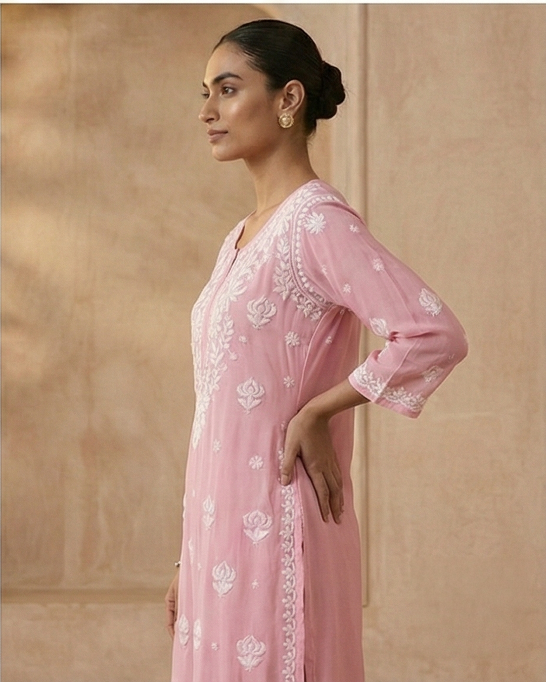Pink Viscose Georgette Chikankari Readymade Kurta