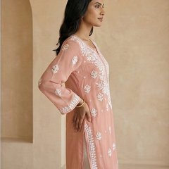 Peach Viscose Georgette Chikankari Readymade Kurta