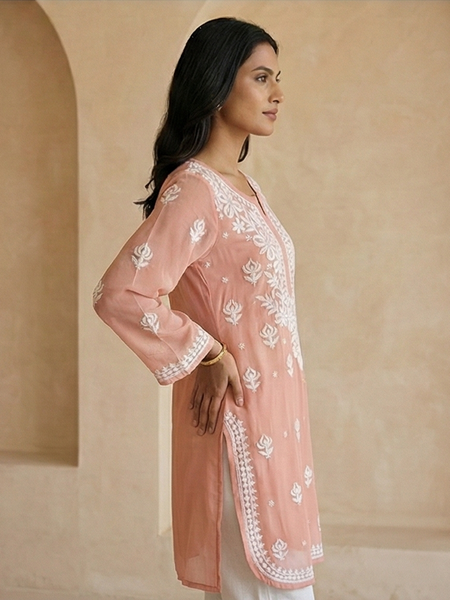 Peach Viscose Georgette Chikankari Readymade Kurta