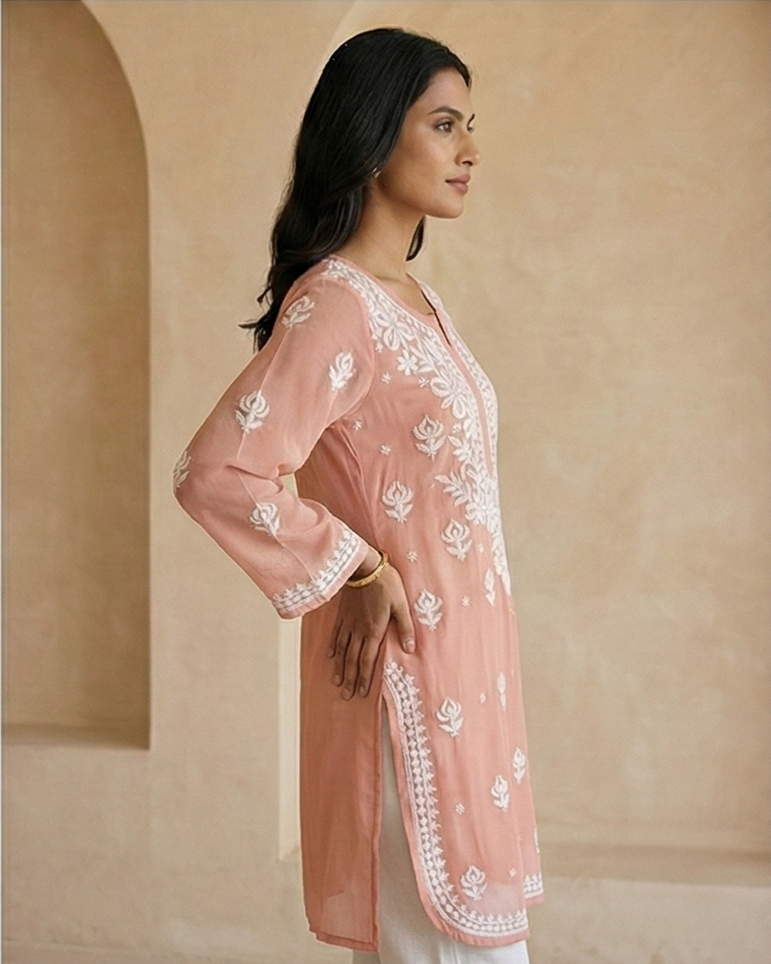 Peach Viscose Georgette Chikankari Readymade Kurta