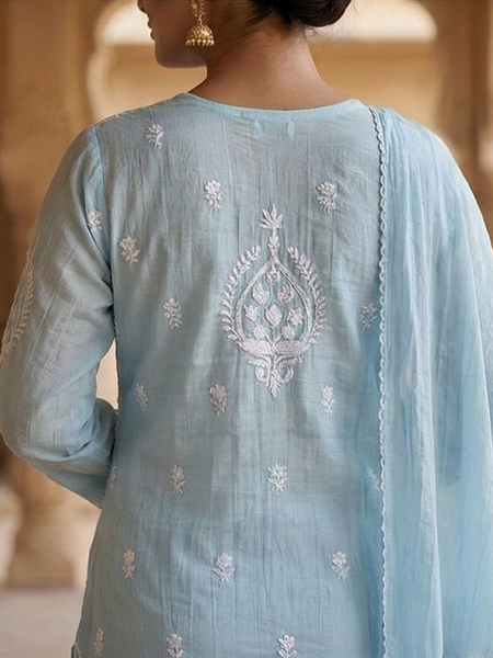 Begum Celestial Blue Mulchanderi Suit Set