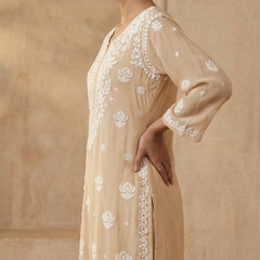 Beige Viscose Georgette Chikankari Readymade Kurta