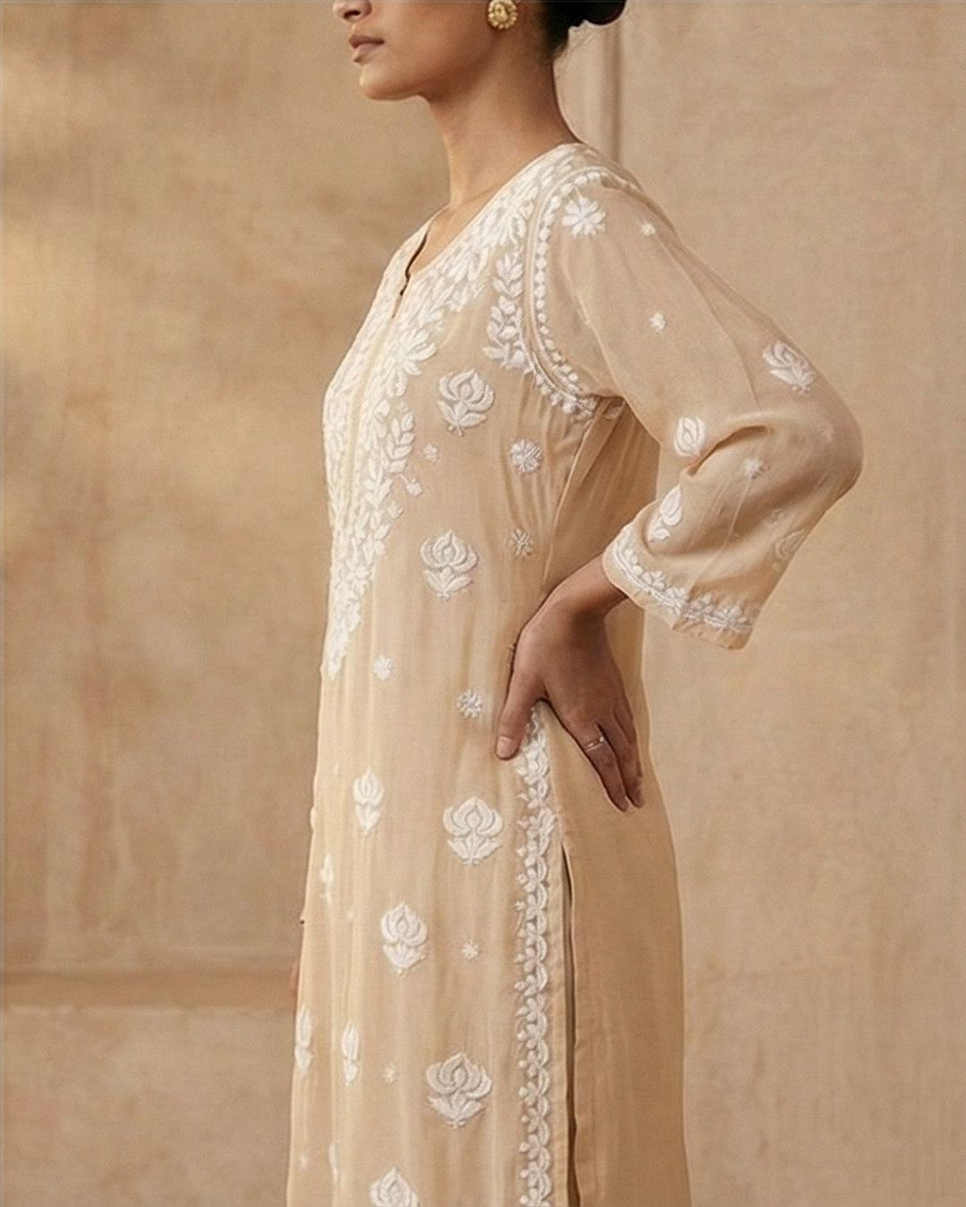 Beige Viscose Georgette Chikankari Readymade Kurta