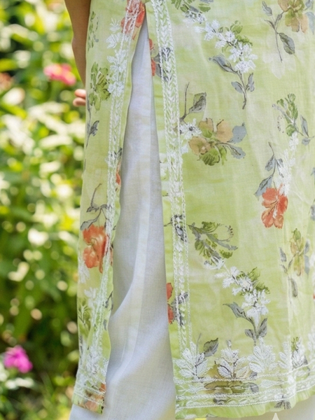 Green Chikankari Mulmul Pocket Kurti