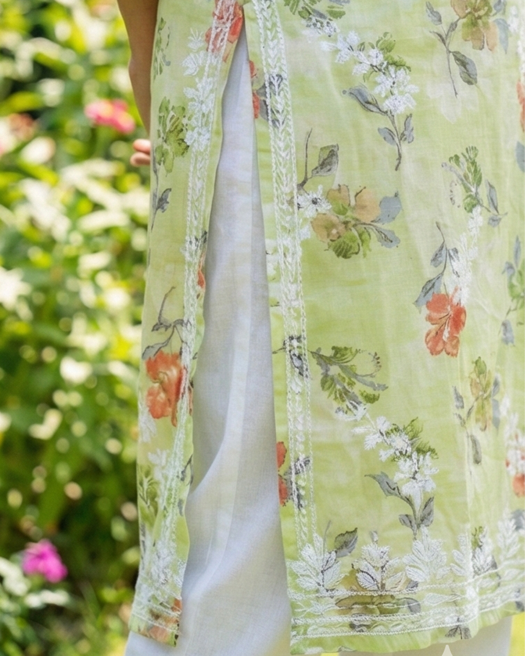 Green Chikankari Mulmul Pocket Kurti