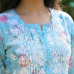Blue Chikankari Mulmul Pocket Kurti